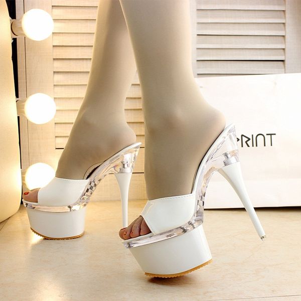 

2019 summer new ultra high heel crystal sandals and slippers with waterproof platform high heel women's slippers, Black