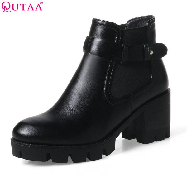 

qutaa 2018 women ankle boots western style square high heel round toe women pu leather buckle ladies motorcycle boots size 34-43, Black