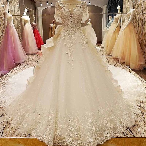 

2019 factory direct wedding dresses ball gown lace up back o-neck short sleeves applique wedding gown with ruffle long train, White