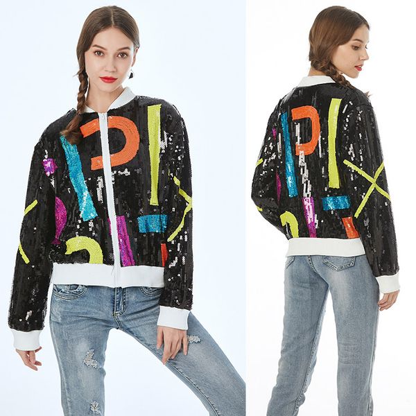 

multi style womens sequin long aka 08 13 jackets bling nightclub stage performance clothing hip hop short outerwear & coats, Black;brown