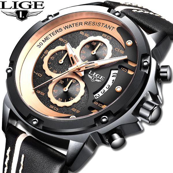 

lige mens watches waterproof sport wrist watch chronograph quartz genuine leather relogio masculino, Slivery;brown