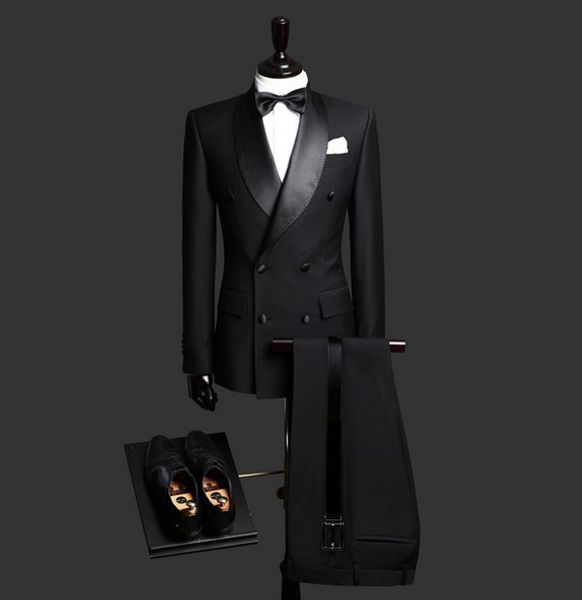 

2019 formal double-breasted groomsmen shawl lapel groom tuxedos black men suits for wedding man (jacket+pants+bowtie, White;black