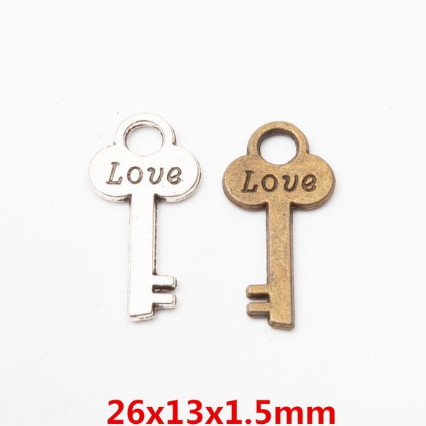 

50pcs 26*1mm vintage silver decorative love key charms antique bronze metal alloy key pendants for bracelet earring diy jewelry, Bronze;silver
