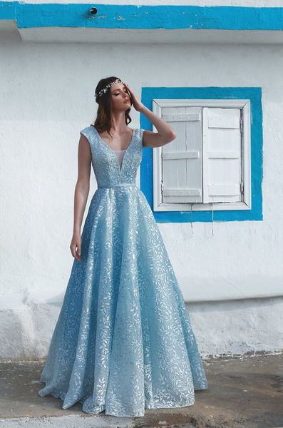 2019 Neue Strand A-Linie V-Ausschnitt Blaue Spitze Mariage Afrikanischer Empfang Zuhair Murad Brautkleider Günstige Prinzessin