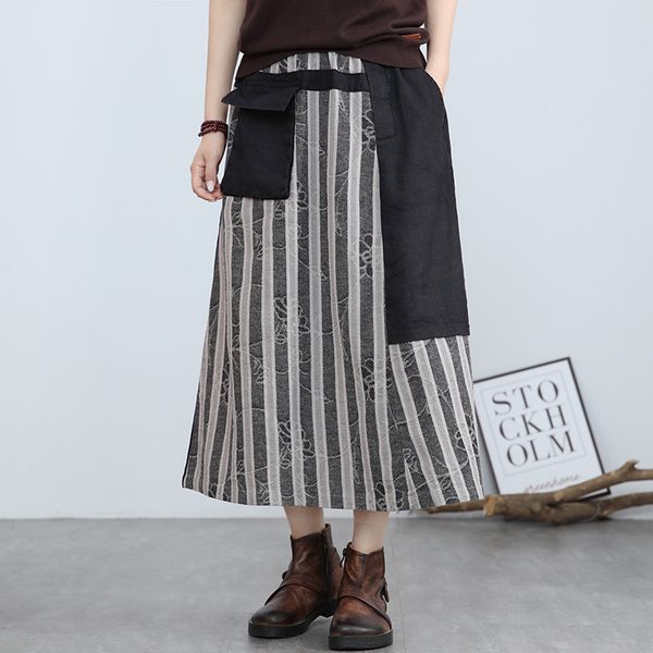 

skirts women skirt cotton linen patchwork spring 2021 a line striped pockets vintage fashion loose, Black