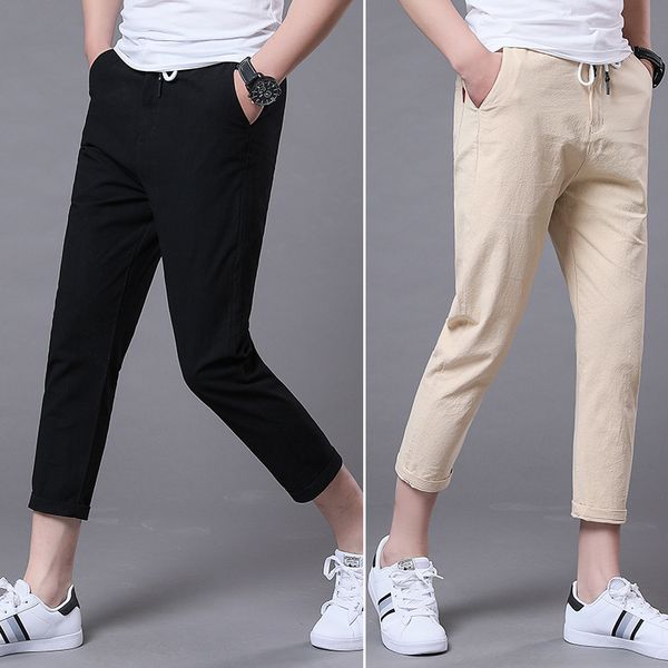 

icpans ankle length summer men's casual pants cotton linen solid color men's slim straight pants trousers, Black