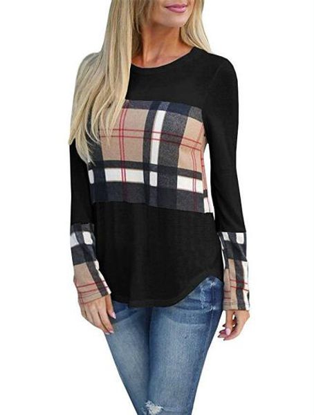 

женская дизайнерская клетчатая печатная футболка мода натуральный цвет тройники повседневная футболка с длинным рукавом женская одежда, White