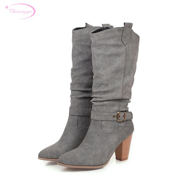 

street pointed toe autumn riding boots pleated buckle strap beige grey black high heel thick knee-high boots women's shoes