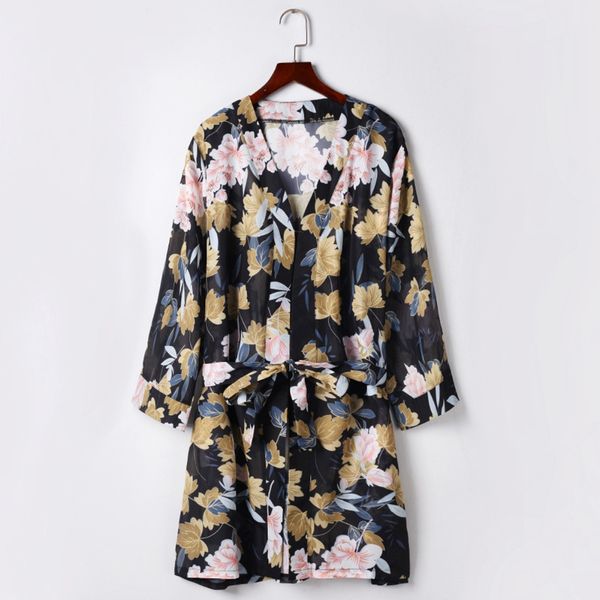 

women v neck snake pattern dress three quarter sleeve casual floral cardigan shirt chiffon blouse kimono cardigan, Black;gray