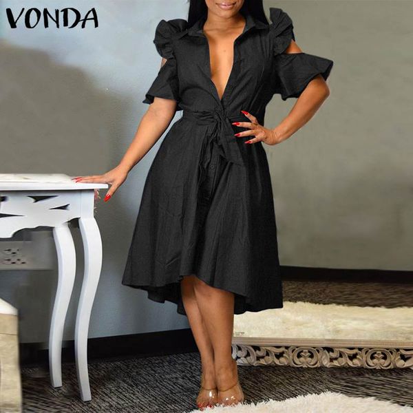 

vonda women solid half sleeve dresses 2020 v neck knee-length beach sundress vintage bohemian vestidos s-5xl robe femme, Black;gray
