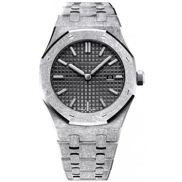

luxury watches diamonds automatic royal frosted black dial oak mens 18k white gold watch silver-tone hands fixed bezel 42mm size glide smoot, Slivery;brown