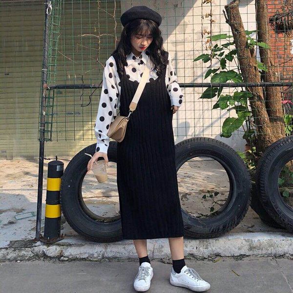

2019 new spring women's korean fashion temperament polka dots shirt + knitted strap dress two-piece suit, White