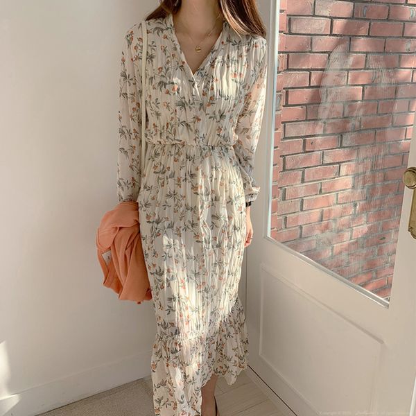 

bgteever, vestido de verano elegante con estampado floral fruncido para mujer, vestidos largos sexis de manga larga con cuello en v para, Black;gray