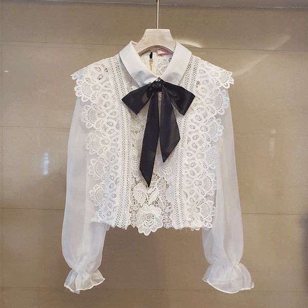 

новое поступление взлетно-посадочная полоса весенние сладкие оборками выладоты кружевной рубашки женщины сетка кружева высокое качество мода, White