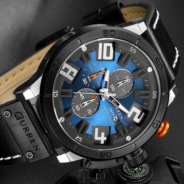 

curren men's fashion leather strap quartz sports watches outdoor casual men waterproof wristwatch man analog clock gift, Slivery;brown