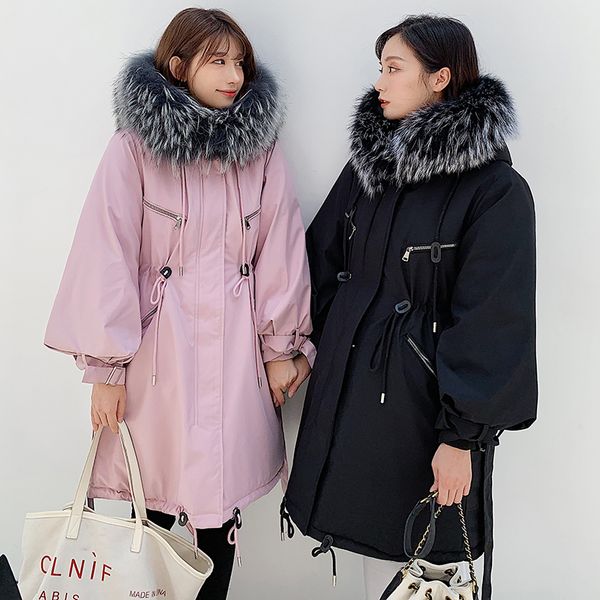 

winter warm space cotton coat women solid lace up zipper fashion padded mid long parka jacket ladies thicken hooded veste femme, Black