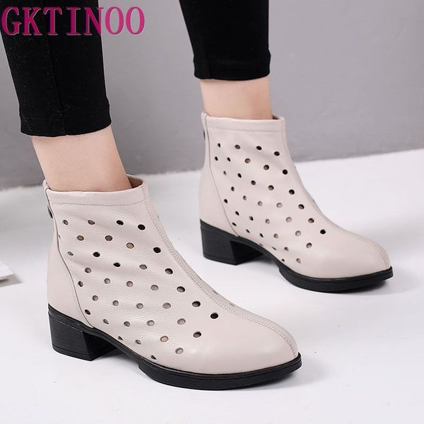 

gktinoo ankle boots zipper footwear hollow out fashion ladies high heels round toes genuine leather summer shoes plus size 34-42, Black