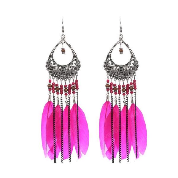 

european and american retro ethnic style tassel feather earrings female bohemian long rice beads earrings explosion accessories, Silver