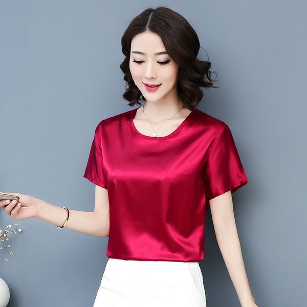 

women's t-shirt 2021 summer women imitation real silk t-shirts casual o-neck solid color large size middle age mother tee shirts x200, White