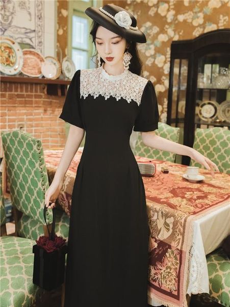 

lace black party dress elegant vintage 90s dress summer puff sleeve holidy vacation a line long vestidos, Black;gray