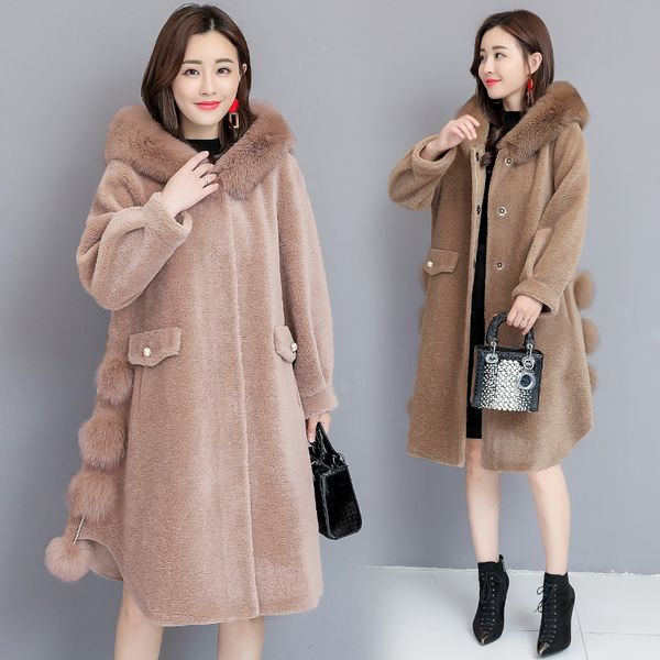 

hanzangl sheep sheared coat female 2018 new winter women fur jacket fur hooded plus size coats wool overcoat m-4xl, Black