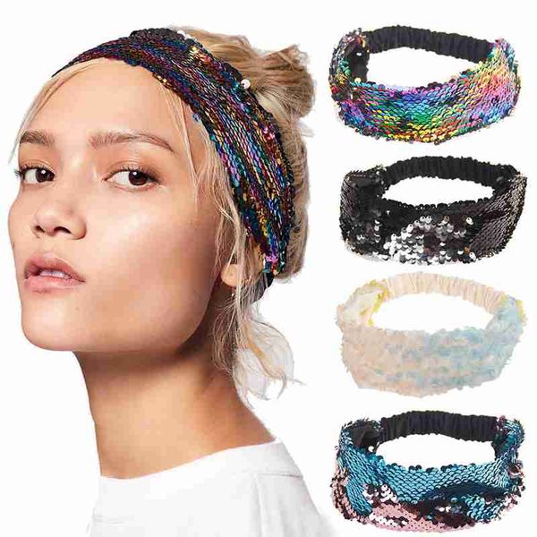 

2019 new fashion reversible sequin girls headband mermaid elastic fabric hairband summer style wide head band for female women hair accessor, Blue;gray