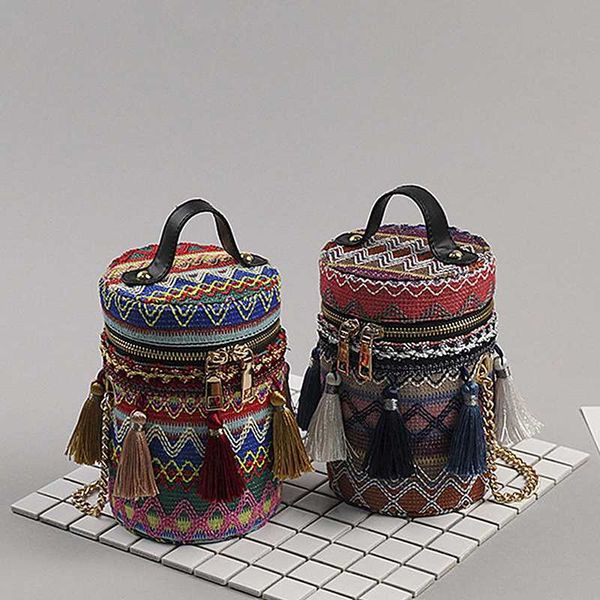 

wind tide chain ring handbag shoulder bag straw bag multifunctional little fairy tassel bucket crossbody bags for women