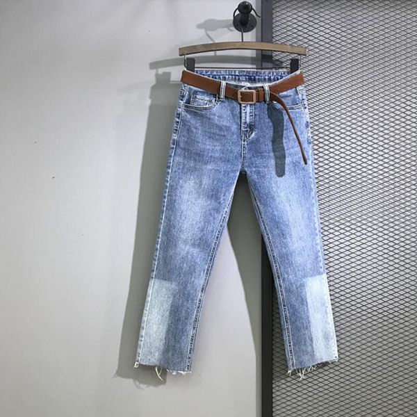 

new color-matching wild high-waist straight jeans women loose thin skinny wide-neck pants, Blue