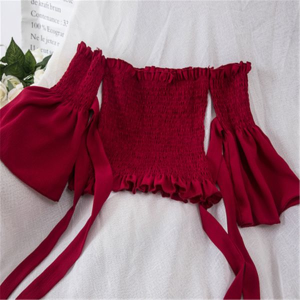 

blouse women clothes blouse strapless cropped off shoulder solid chiffon bow lacing up yellow blouse long sleeve short pz122, White