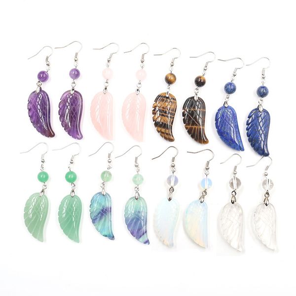 

wholesale 5 pairs silver plated angel wing fluorite stones dangle earrings for women rock crystal temperament jewelry