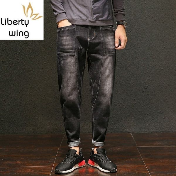 

japan style loose fit solid denim cross for men spring fall plus size casual scratched long jeans homme street harem pants, Blue