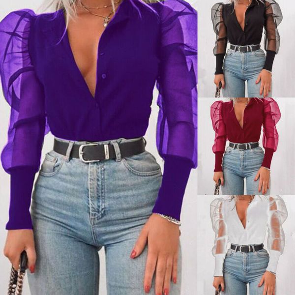 

women's v-neck shirt tulle ruffle long puff sleeve shirt solid lady shirts black all-matching autumn women, White