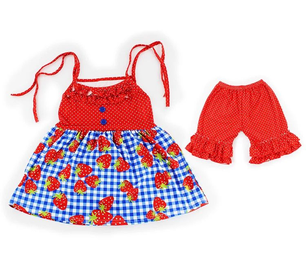 

бутик горячие продажа детская одежда красный ruffled клубничный печати симпатичные девушки лето набор, White