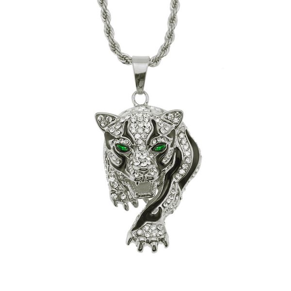 

men hip hop iced out bling tiger pendant necklaces cz zircon fashion animal shape necklace hiphop statement jewelry, Silver