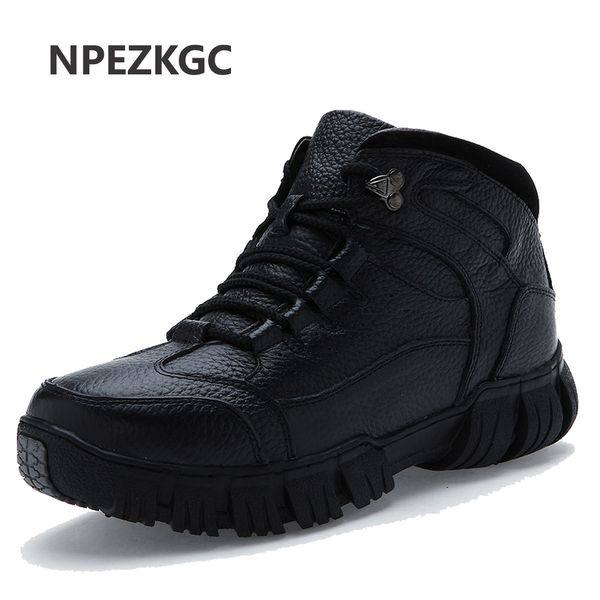 

100% genuine leather boots men super warm winter shoes thicken plush mens snow boots waterproof anti-skidding rubber sole work, Black