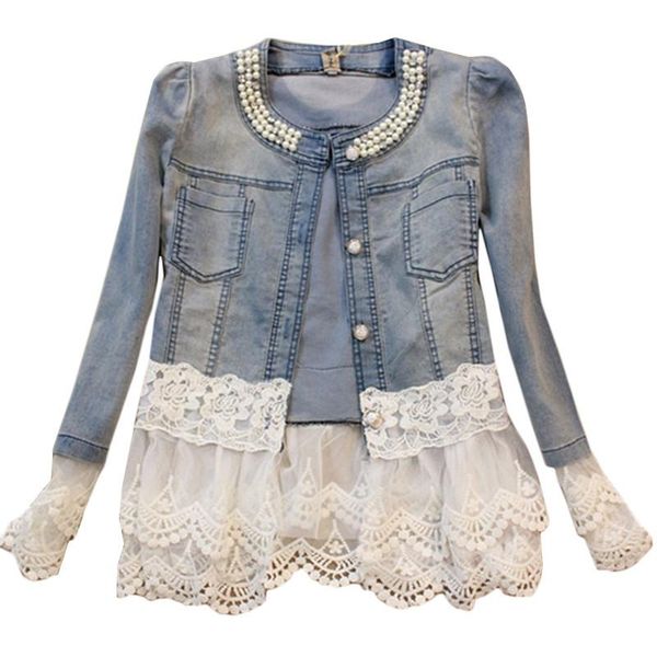 

new women denim jacket coats long sleeve lace jeans jackets women oversized jeans coat autumn female outerwear casual k545, Black;brown