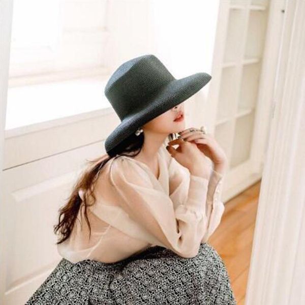 

yfashion fashion retro beach straw hat cap simple concise sunscreen solid elegant hats caps for women, Blue;gray