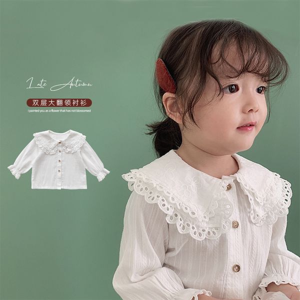 

2019 autumn new baby girls double lapel shirt children hollow lace long sleeve kids clothing, White;black