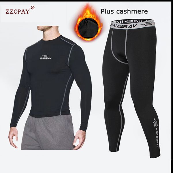 

winter men's sportswear fitness pants compression clothing plus velvet warm running jogging long-sleeved tight workout clothes, White;black