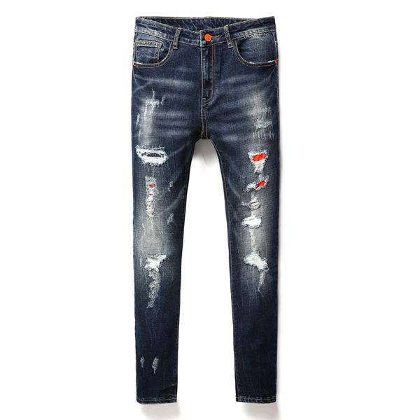 

autumn men's jeans ripped hole denim trousers fashion straight mens denim pants mid zipper fly long jeans clothing wholesale, Blue