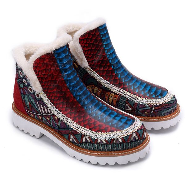 

vintage handmade boots plush women printed splicing genuine leather ankle boots women shoes spring fall botas new, Black