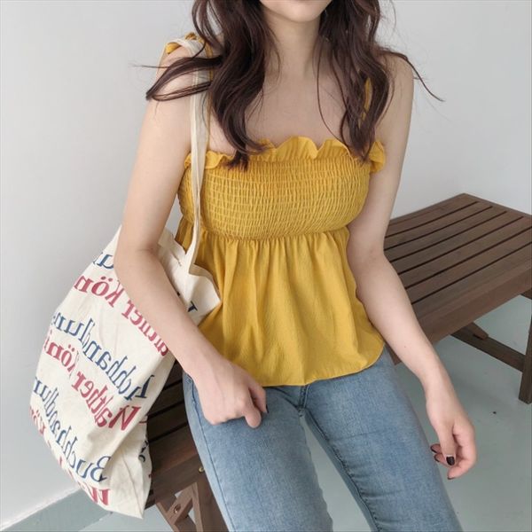 

chiffon sweet sleeveless wooden ear pleated breast waisted doll shirt shirt camisole female fashion, White