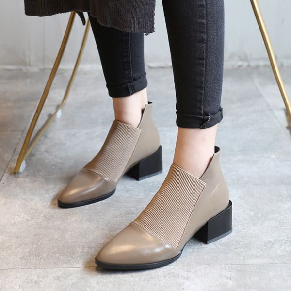 

new products genuine leather pointed toe chunky heel boots england semi-high heeled comfortable versatile short boots, Black