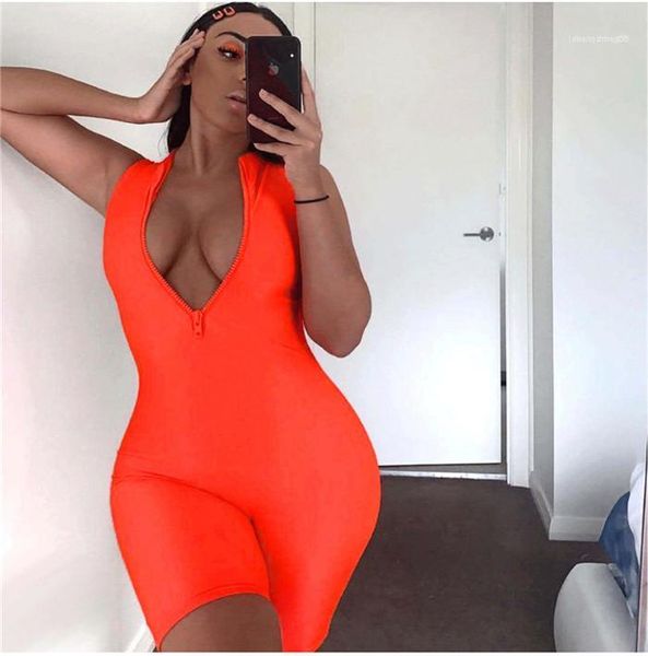 

above knee length rompers womens sleeveless bodysuits fluorescent color womens designer jumpsuits deep v neck, Black;white