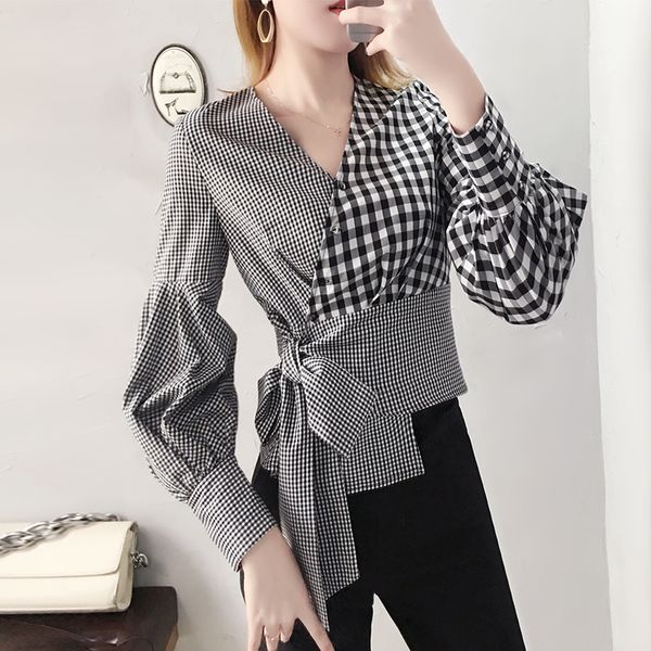 

2019 new fashion spring plaid blouse women patchwork bow tie long sleeve female irregular slim fit blusas mujer de moda, White