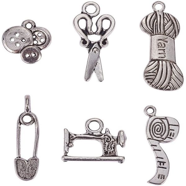 

sewing knitting themed tibetan style alloy pendant jewelry accessories scissor pipe pin yarn clew button sewing machine charm 85, Silver