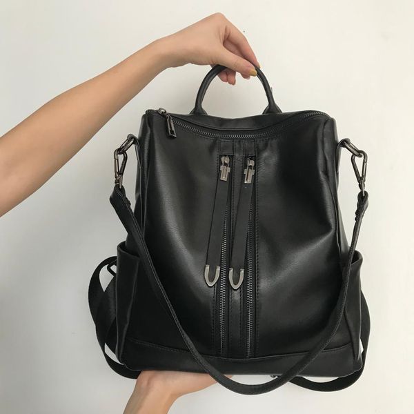 

kafunila 100% real leather female backpack women genuine cow leather black school bag black travel shoulder bag mochila feminina