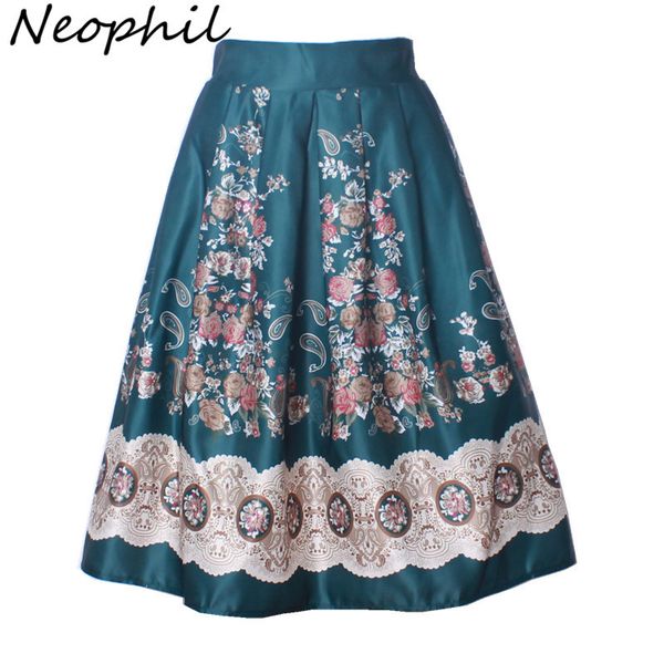 

neophil 2020 boho ethnic flower floral print high waist pleated midi ball gown skirts womens black 50s vintage tutu saias s0903, Black;gray
