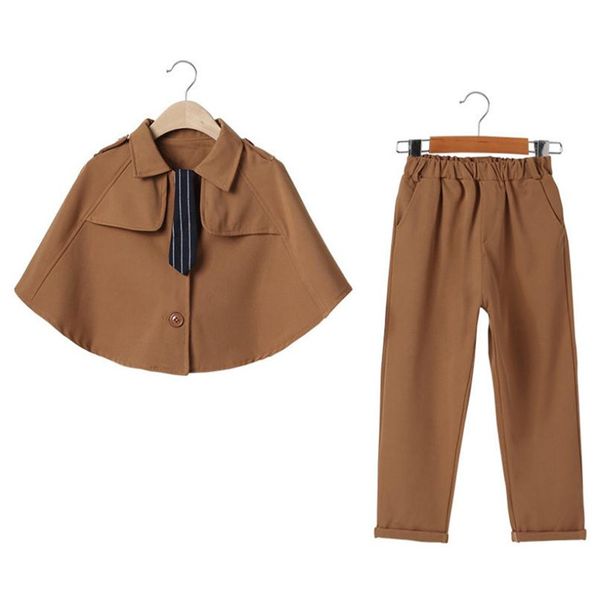 

dfxd new fashion teen girls two piece outfits korean autumn brown cape cloak+pant girls clothing sets for 3-12yrs kids clothes, White