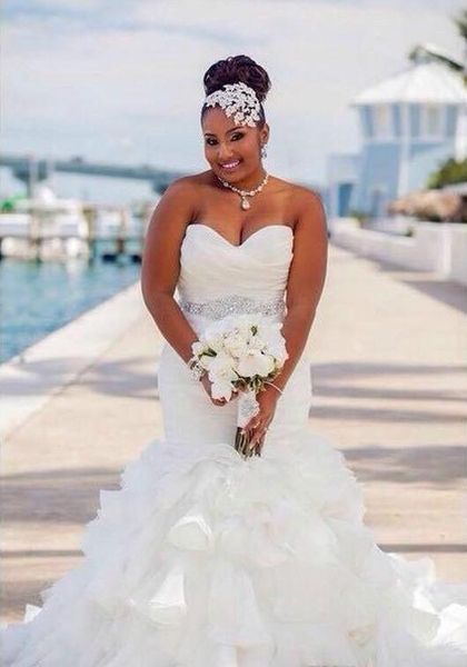 

gorgeous ruffle organza mermaid plus size wedding dresses africa tiers beads sash african country bridal gown train bride dress custom, White